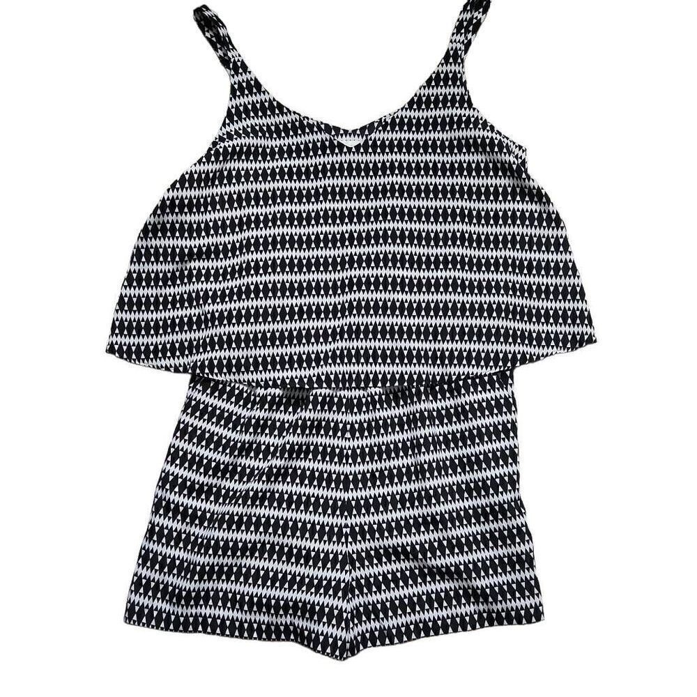 Bisou Bisou Michele Bohbot Ladies Size Large Black White Graphic Blouson Romper